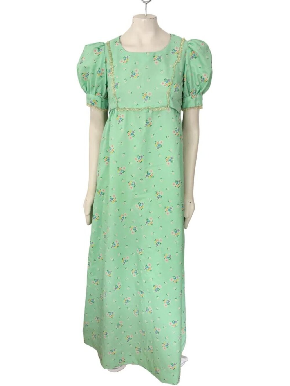 VTG HANDMADE 60s 70s Puff Sleeve Floral Prairie Dress in Mint Green SZ 8